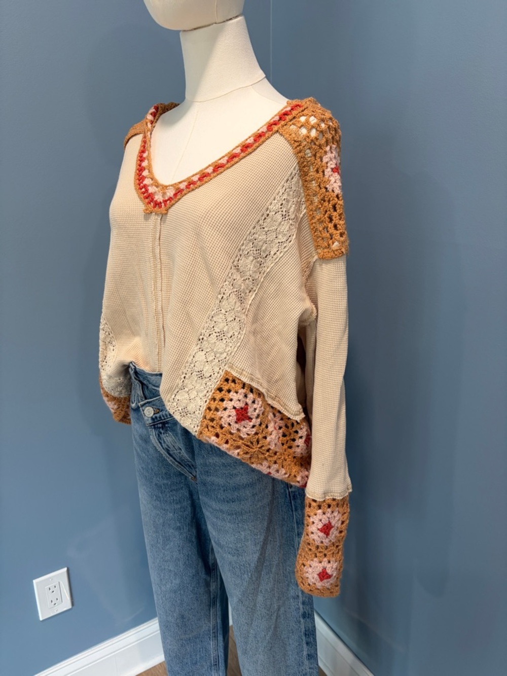 POL Crochet Patchwork Hoodie Top Boho Free People Style Thermal Lace Medium - Picture 2 of 8